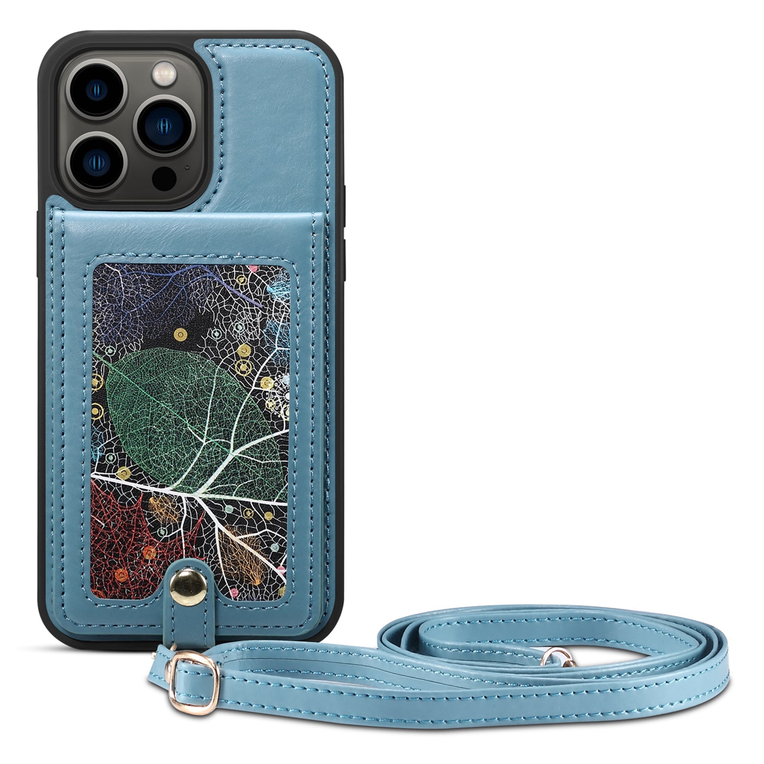 For iPhone 14 Pro Kickstand Phone Case Card Holder Leather Coated TPU Cover with Shoulder Strap
