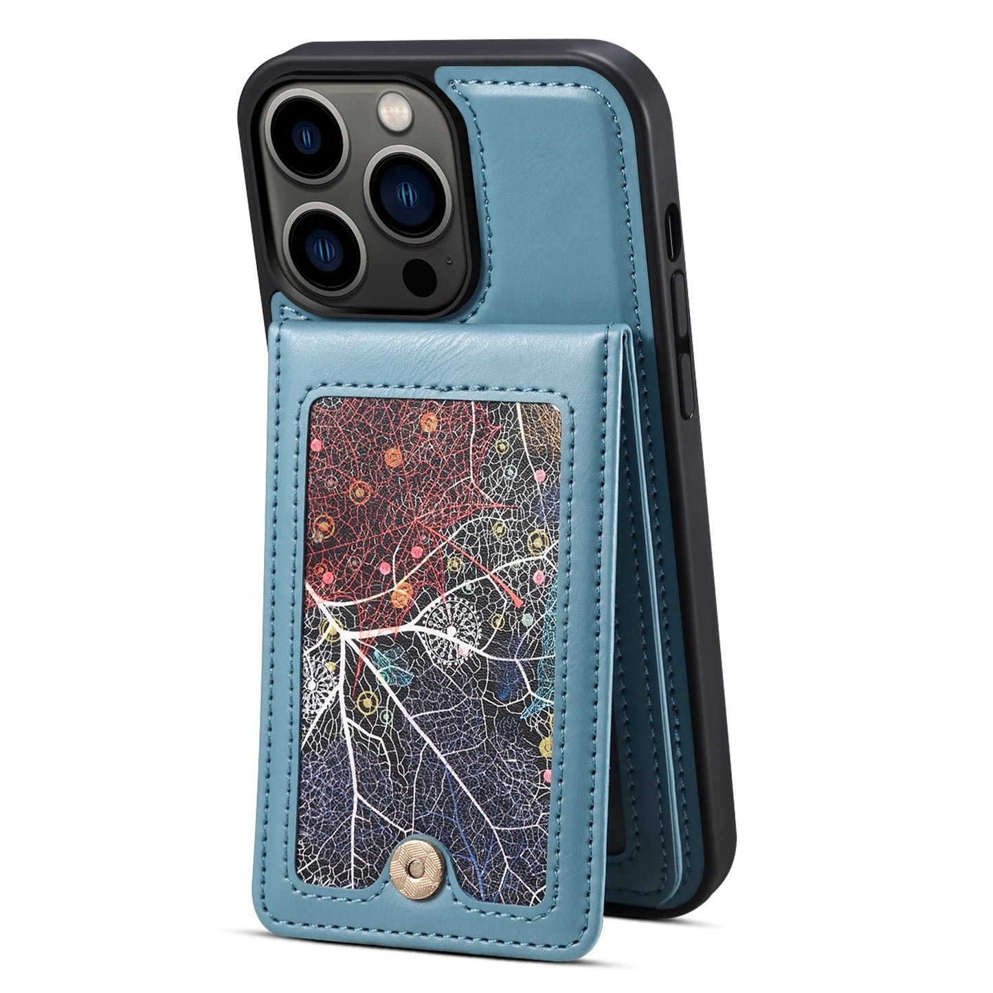 For iPhone 14 Pro Kickstand Phone Case Card Holder Leather Coated TPU Cover with Shoulder Strap