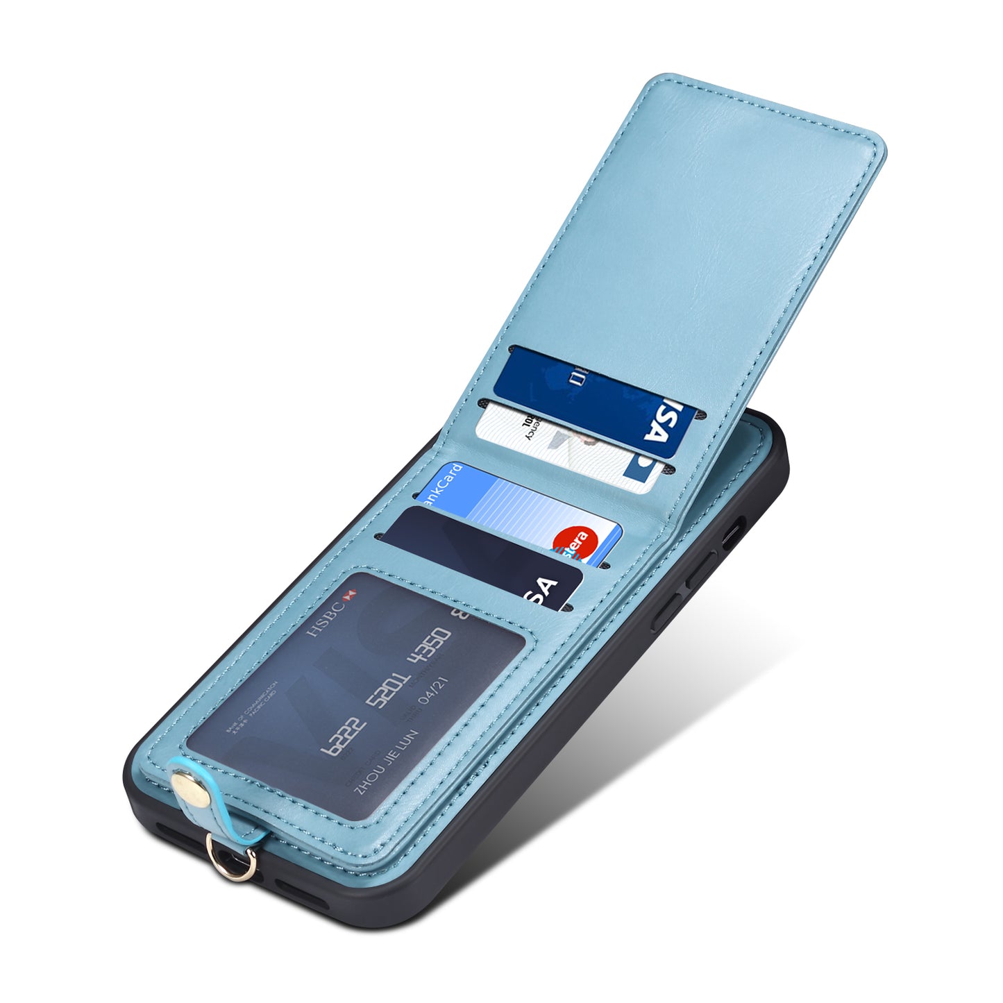 For iPhone 14 Pro Kickstand Phone Case Card Holder Leather Coated TPU Cover with Shoulder Strap