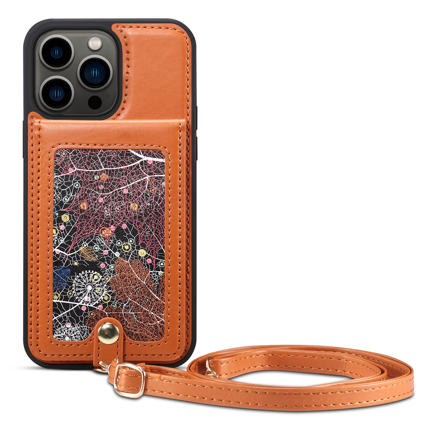 For iPhone 14 Pro Kickstand Phone Case Card Holder Leather Coated TPU Cover with Shoulder Strap