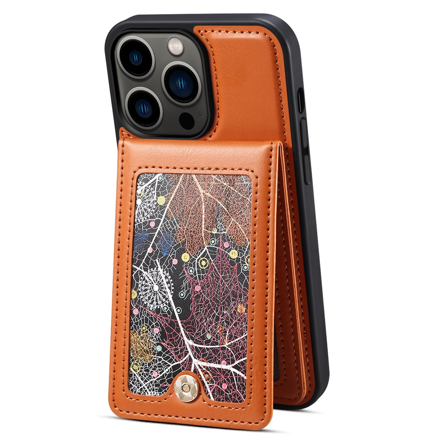 For iPhone 14 Pro Kickstand Phone Case Card Holder Leather Coated TPU Cover with Shoulder Strap