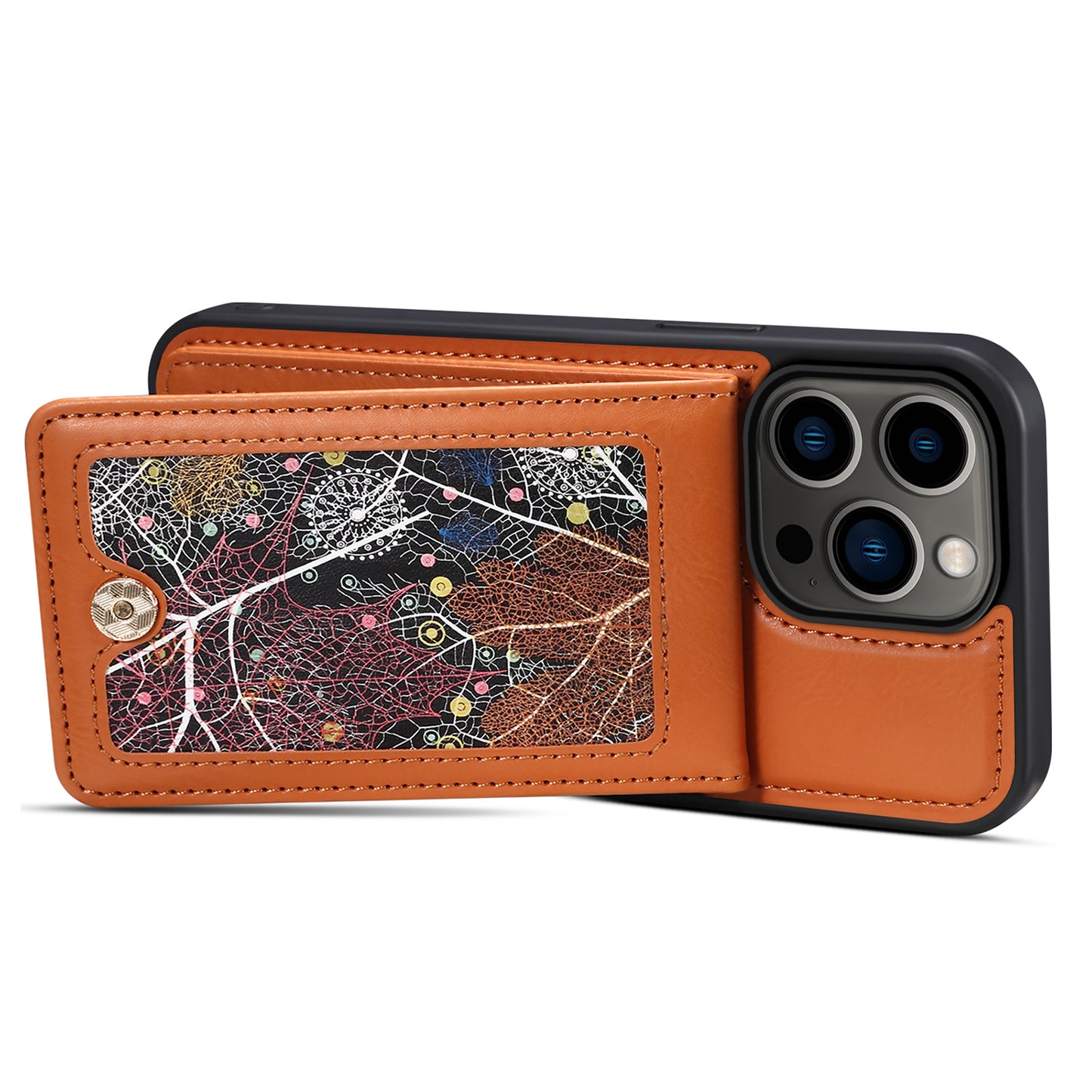For iPhone 14 Pro Kickstand Phone Case Card Holder Leather Coated TPU Cover with Shoulder Strap