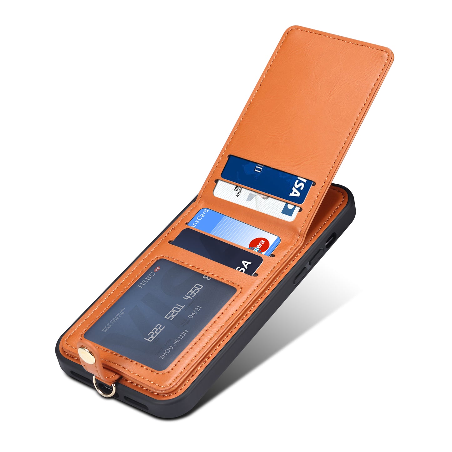 For iPhone 14 Pro Kickstand Phone Case Card Holder Leather Coated TPU Cover with Shoulder Strap