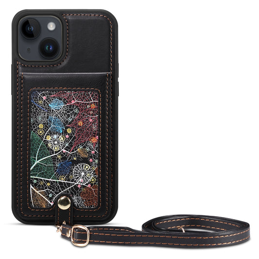 For iPhone 14 Plus Phone Case with Shoulder Strap, Kickstand Card Holder Leather Coated TPU Cover