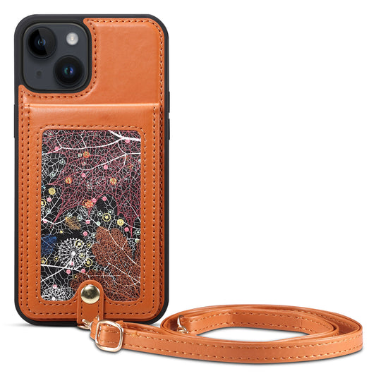 For iPhone 14 / 13 Cell Phone Case Card Holder Kickstand Leather Coated TPU Cover with Shoulder Strap