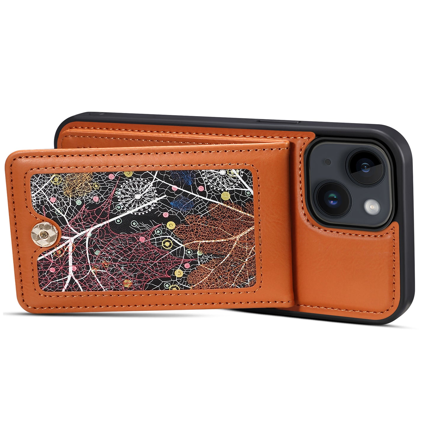 For iPhone 14 / 13 Cell Phone Case Card Holder Kickstand Leather Coated TPU Cover with Shoulder Strap