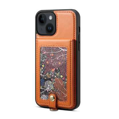 For iPhone 14 / 13 Cell Phone Case Card Holder Kickstand Leather Coated TPU Cover with Shoulder Strap