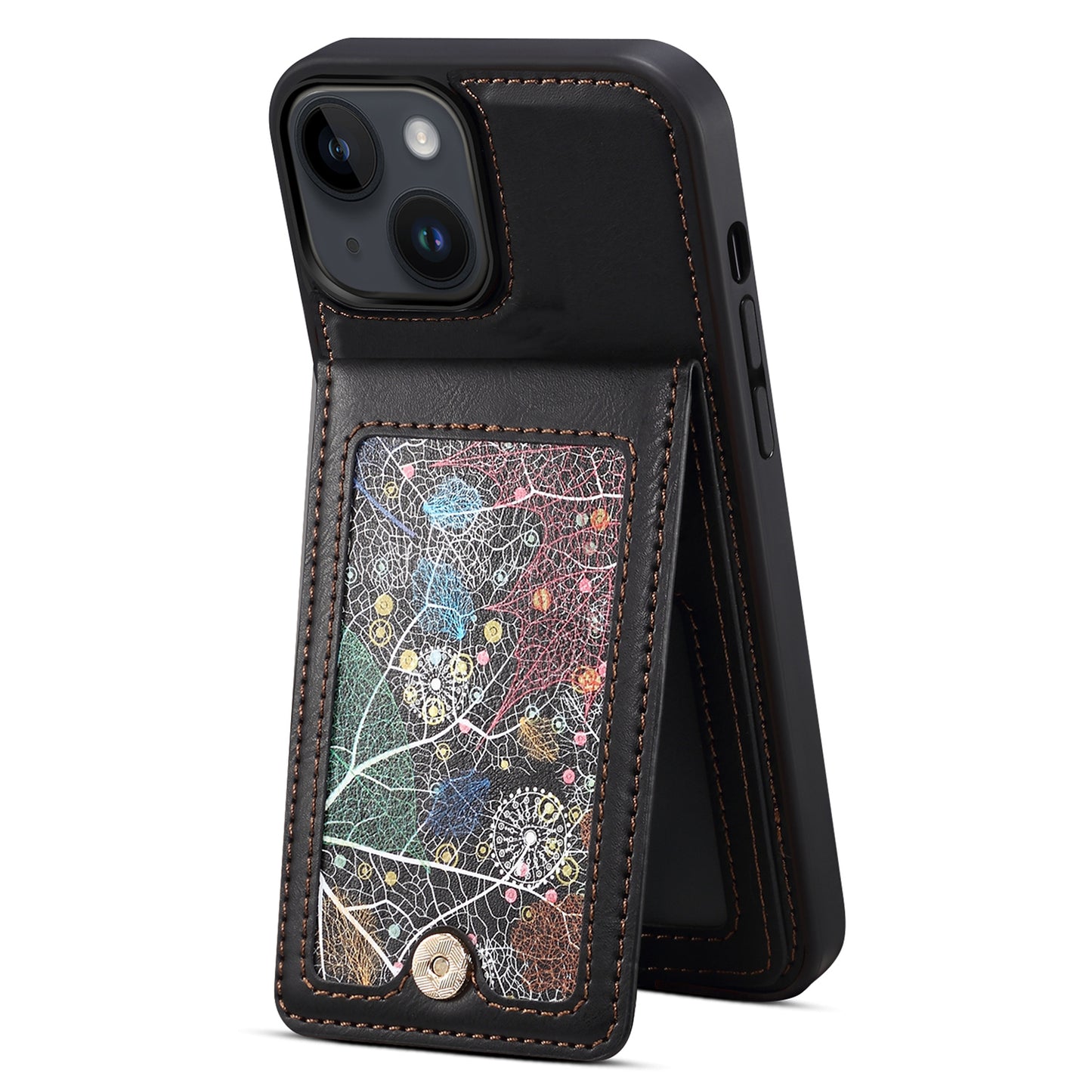 For iPhone 14 / 13 Cell Phone Case Card Holder Kickstand Leather Coated TPU Cover with Shoulder Strap