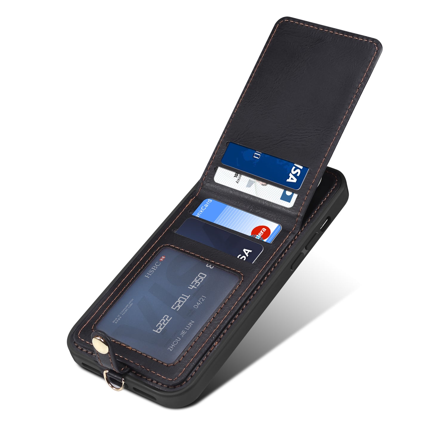 For iPhone 14 / 13 Cell Phone Case Card Holder Kickstand Leather Coated TPU Cover with Shoulder Strap