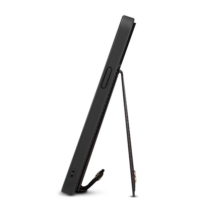 For iPhone 14 / 13 Cell Phone Case Card Holder Kickstand Leather Coated TPU Cover with Shoulder Strap