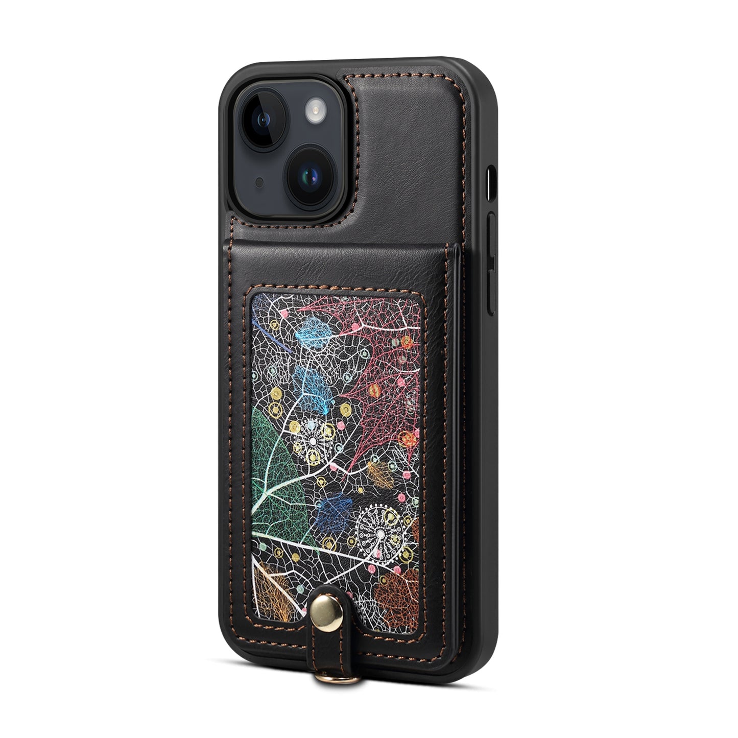 For iPhone 14 / 13 Cell Phone Case Card Holder Kickstand Leather Coated TPU Cover with Shoulder Strap