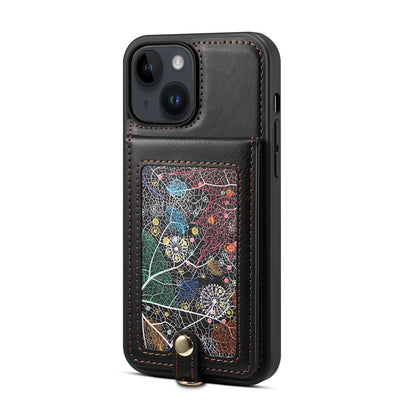 For iPhone 14 / 13 Cell Phone Case Card Holder Kickstand Leather Coated TPU Cover with Shoulder Strap