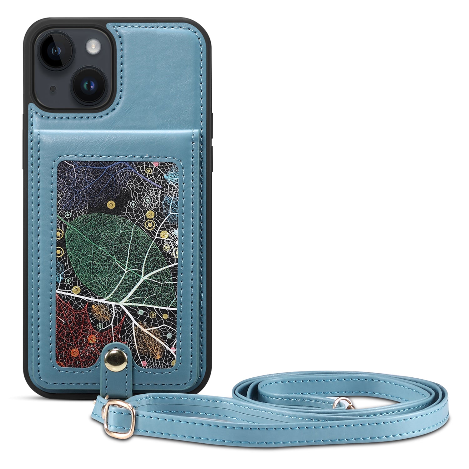 For iPhone 14 / 13 Cell Phone Case Card Holder Kickstand Leather Coated TPU Cover with Shoulder Strap