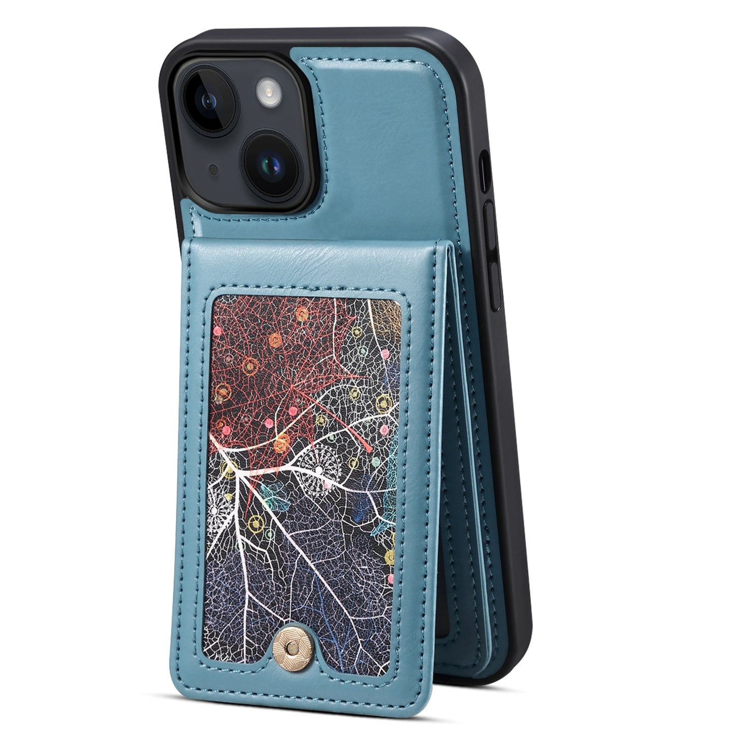 For iPhone 14 / 13 Cell Phone Case Card Holder Kickstand Leather Coated TPU Cover with Shoulder Strap