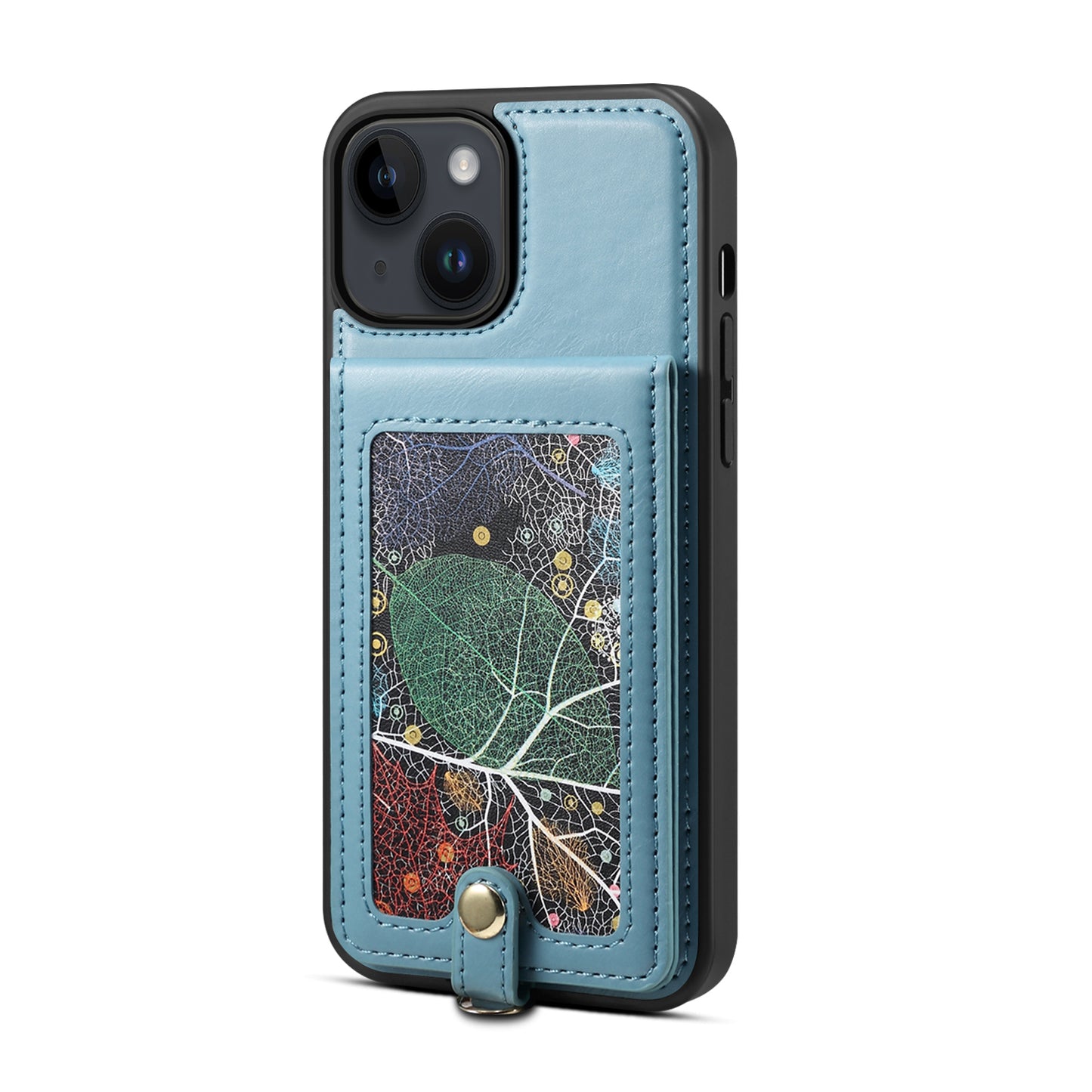 For iPhone 14 / 13 Cell Phone Case Card Holder Kickstand Leather Coated TPU Cover with Shoulder Strap
