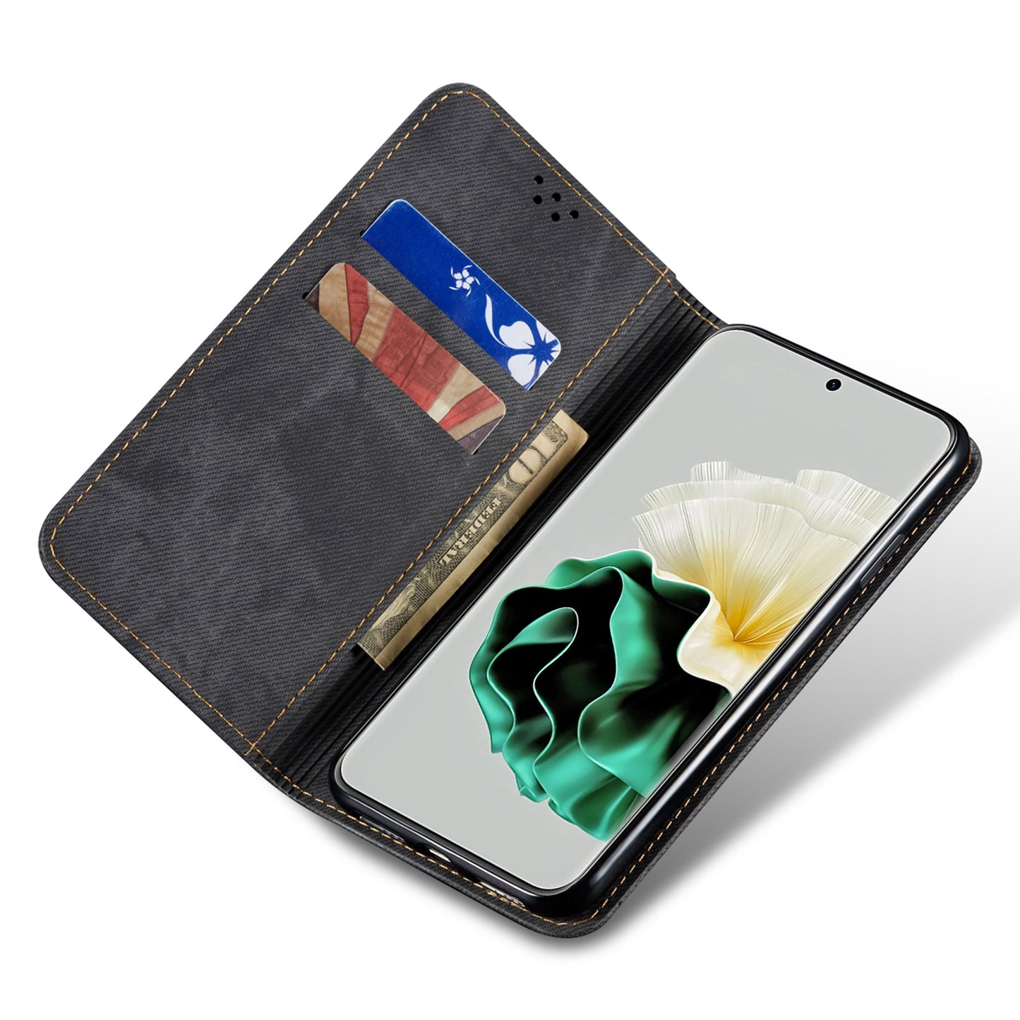 For Huawei P60 Pro / P60 Cell Phone Case PU Leather Jeans Cloth Texture Wallet Stand Phone Cover