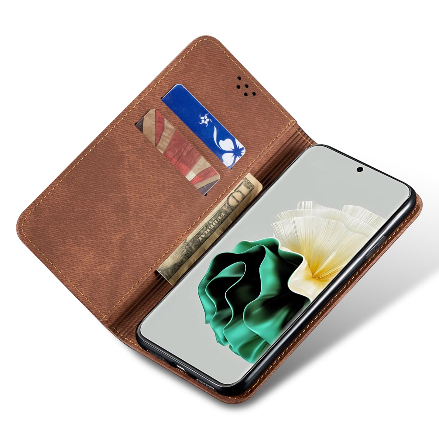 For Huawei P60 Pro / P60 Cell Phone Case PU Leather Jeans Cloth Texture Wallet Stand Phone Cover