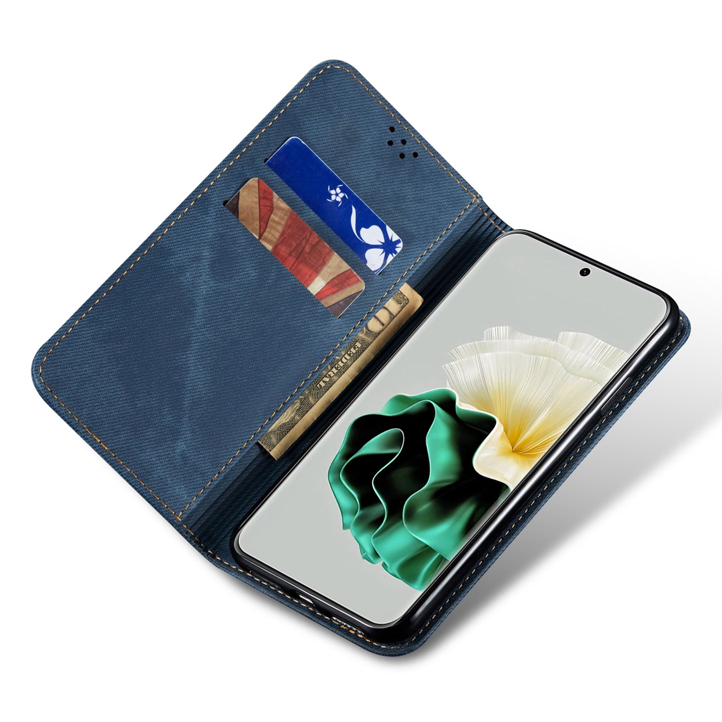For Huawei P60 Pro / P60 Cell Phone Case PU Leather Jeans Cloth Texture Wallet Stand Phone Cover