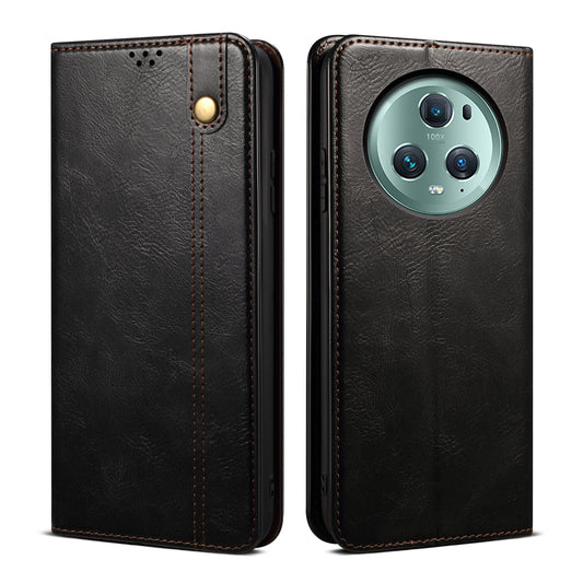For Honor Magic5 Pro Anti-Scratch Phone Case Waxy Crazy Horse Texture Stand Wallet Leather Phone Cover