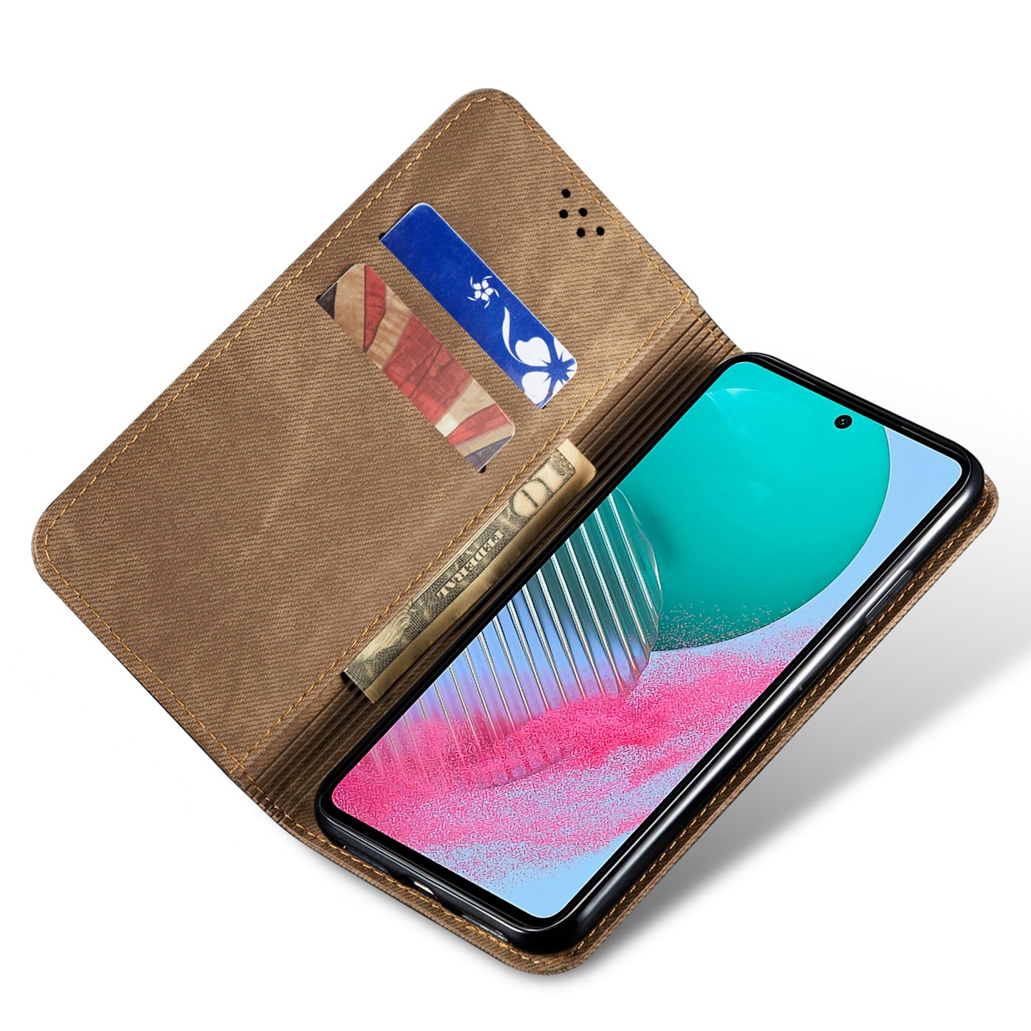 For Samsung Galaxy M54 5G / F54 5G Anti-Scratch Phone Case PU Leather Jeans Cloth Texture Wallet Stand Phone Cover