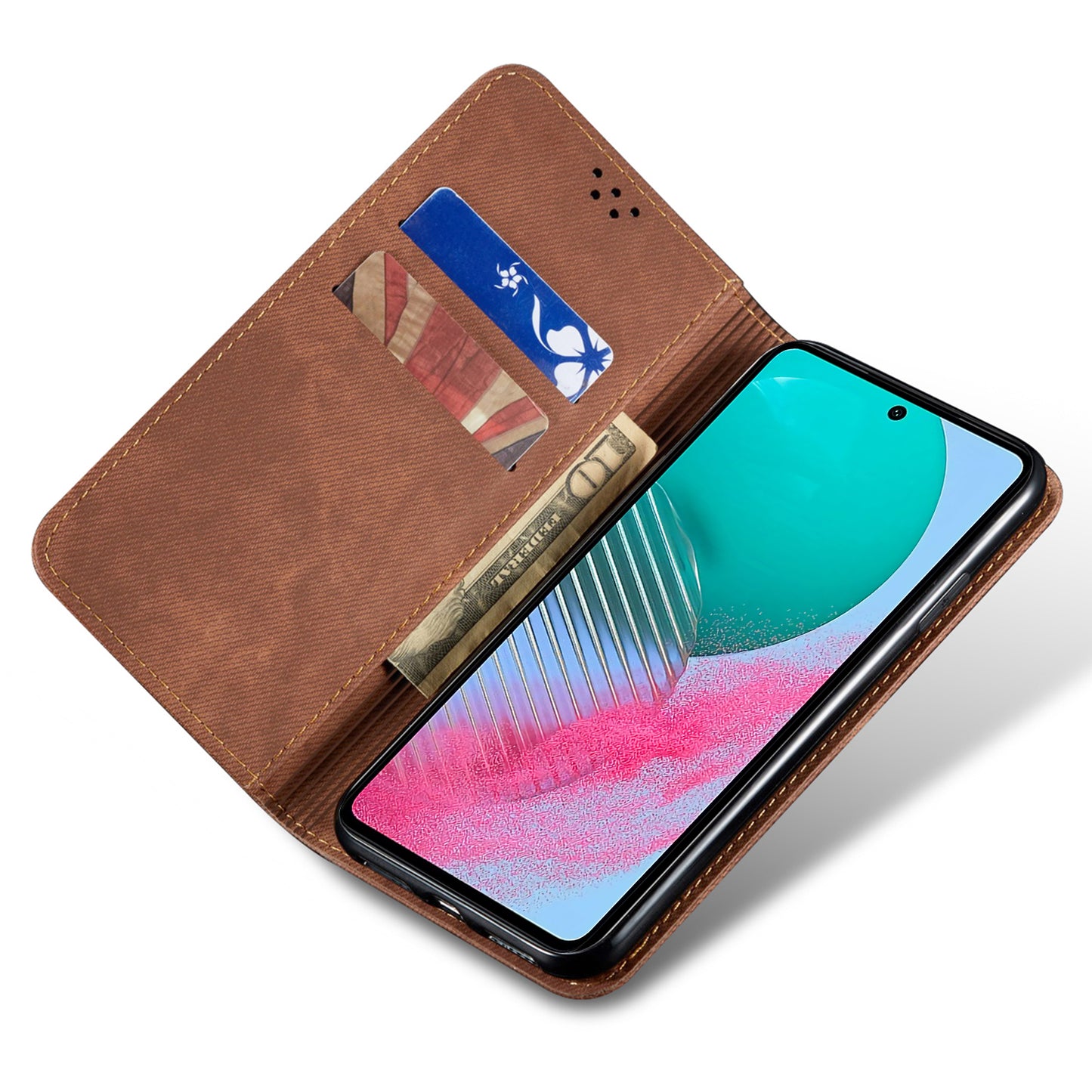For Samsung Galaxy M54 5G / F54 5G Anti-Scratch Phone Case PU Leather Jeans Cloth Texture Wallet Stand Phone Cover