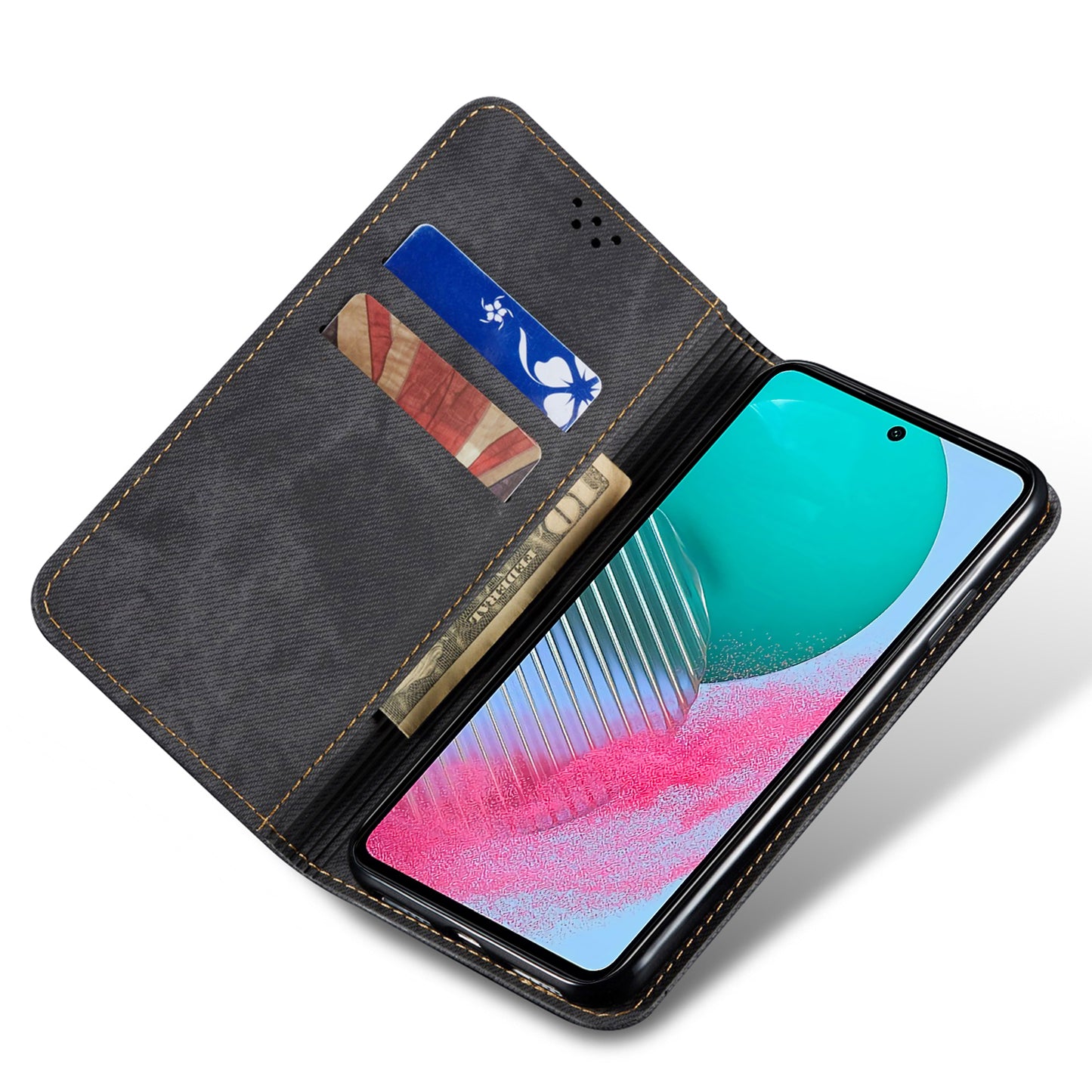 For Samsung Galaxy M54 5G / F54 5G Anti-Scratch Phone Case PU Leather Jeans Cloth Texture Wallet Stand Phone Cover