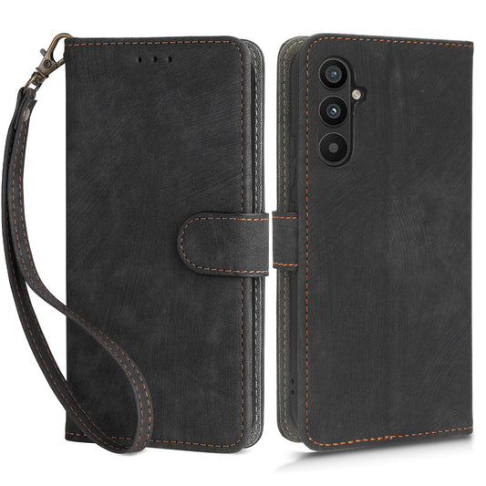For Samsung Galaxy M14 5G RFID Blocking Leather Phone Cover Wallet Stand Phone Case with Strap