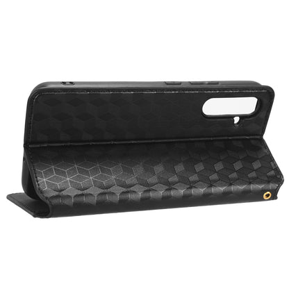 For Samsung Galaxy M14 5G Stand Phone Cover Wallet Imprinted Rhombus Pattern PU Leather+TPU Phone Case