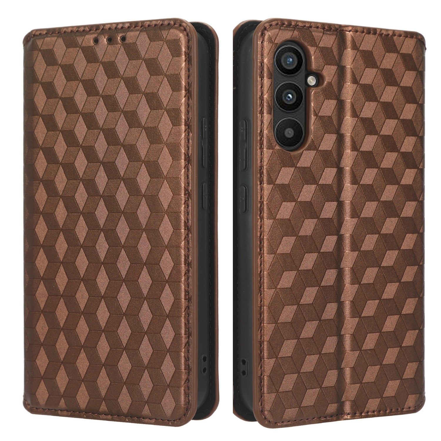 For Samsung Galaxy M14 5G Stand Phone Cover Wallet Imprinted Rhombus Pattern PU Leather+TPU Phone Case