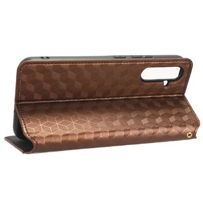 For Samsung Galaxy M14 5G Stand Phone Cover Wallet Imprinted Rhombus Pattern PU Leather+TPU Phone Case