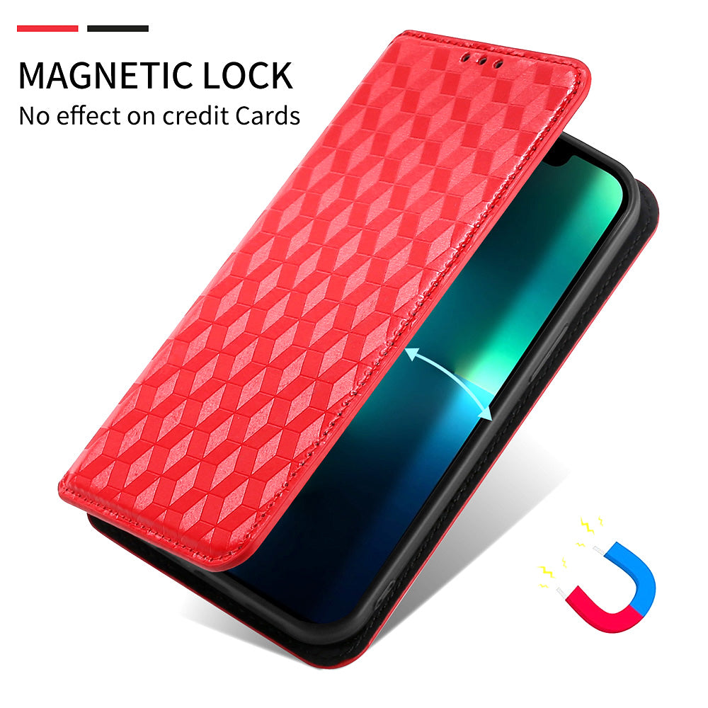 For Samsung Galaxy M14 5G Stand Phone Cover Wallet Imprinted Rhombus Pattern PU Leather+TPU Phone Case