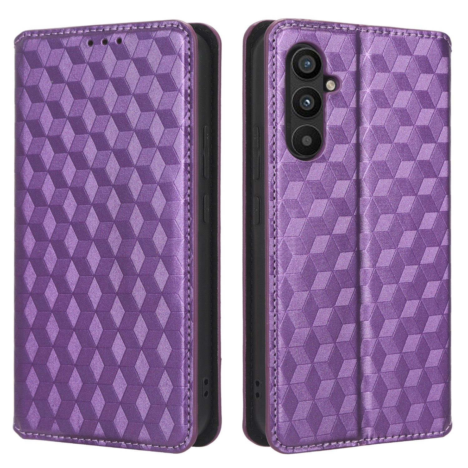 For Samsung Galaxy M14 5G Stand Phone Cover Wallet Imprinted Rhombus Pattern PU Leather+TPU Phone Case