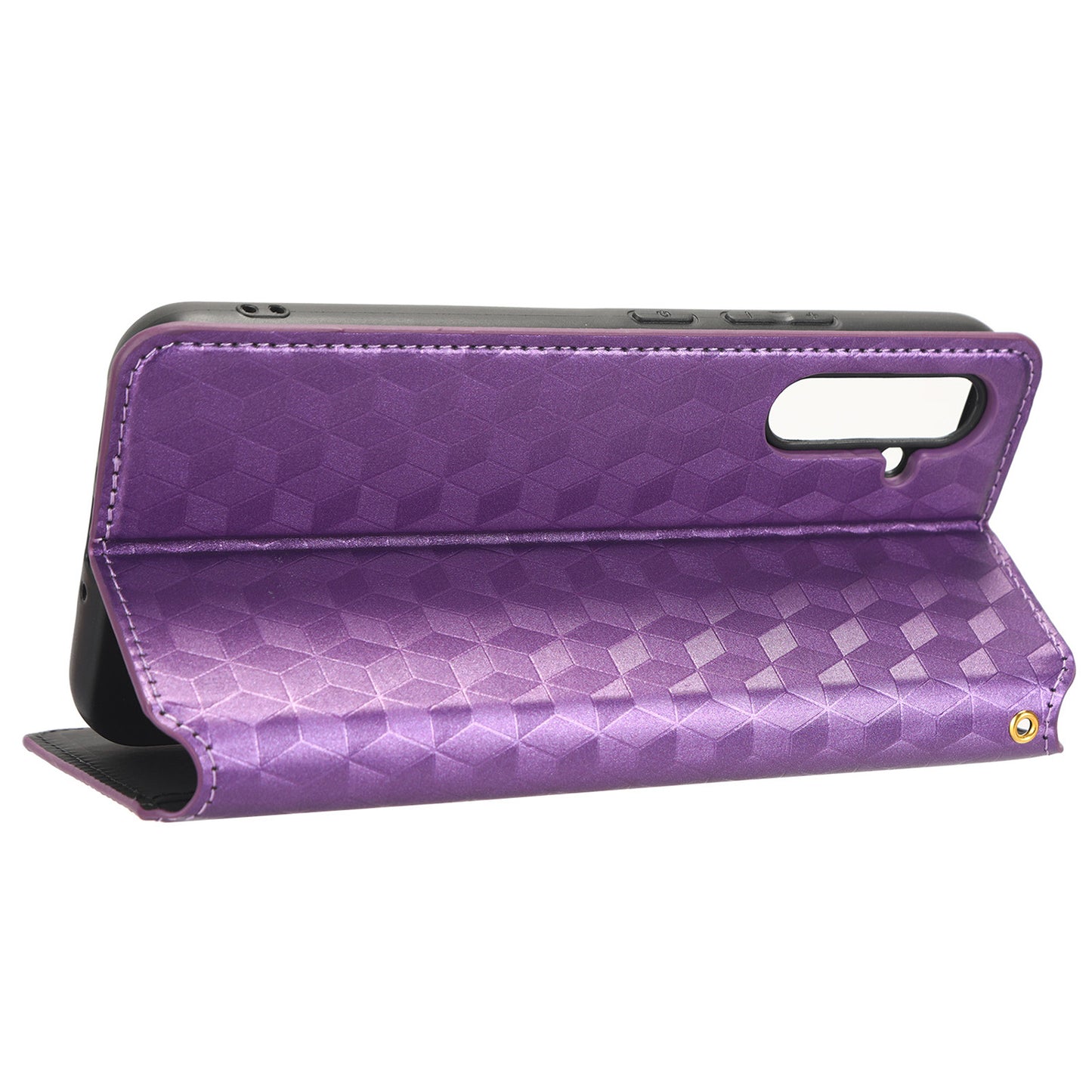 For Samsung Galaxy M14 5G Stand Phone Cover Wallet Imprinted Rhombus Pattern PU Leather+TPU Phone Case