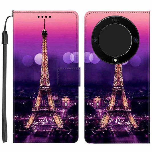 For Honor X9a 5G PU Leather Phone Case Pattern Printing Folding Stand Wallet Cover with Strap