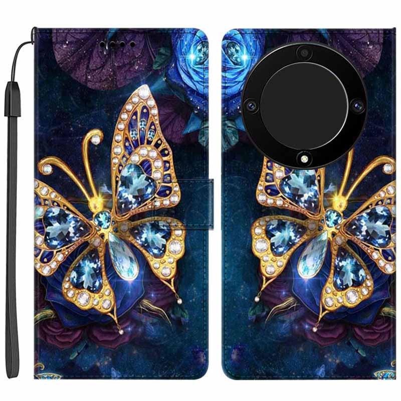 For Honor X9a 5G PU Leather Phone Case Pattern Printing Folding Stand Wallet Cover with Strap