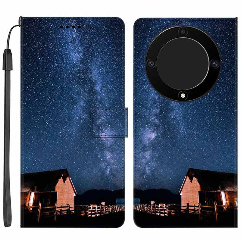 For Honor X9a 5G PU Leather Phone Case Pattern Printing Folding Stand Wallet Cover with Strap