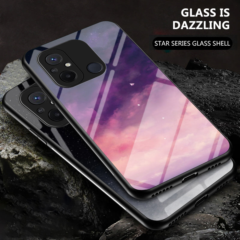 For Xiaomi Redmi 12C 4G Tempered Glass Back Cover Starry Sky Pattern Anti-Scratch PC+TPU Phone Case