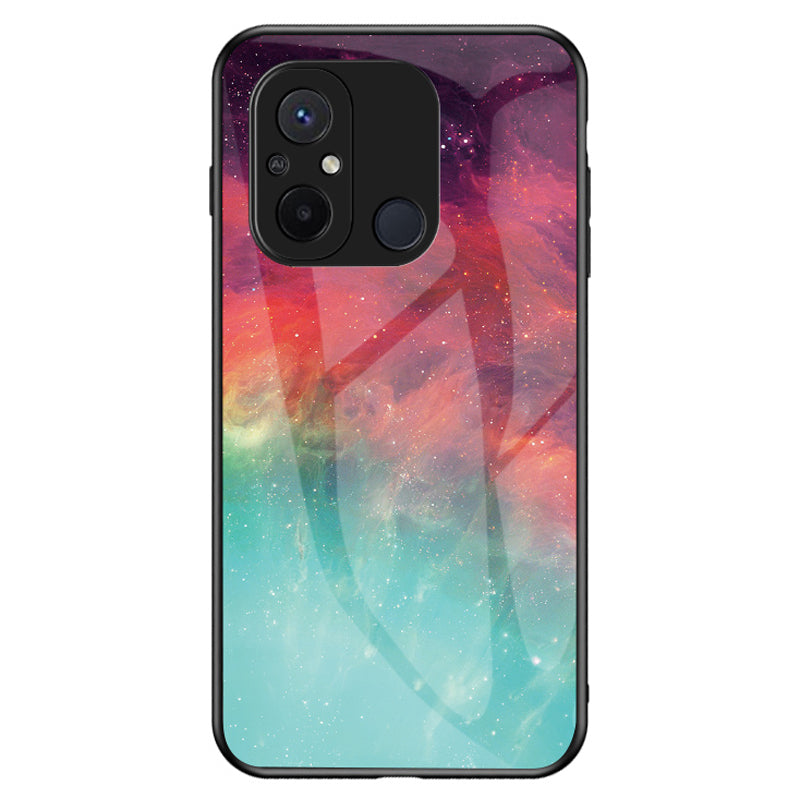 For Xiaomi Redmi 12C 4G Tempered Glass Back Cover Starry Sky Pattern Anti-Scratch PC+TPU Phone Case