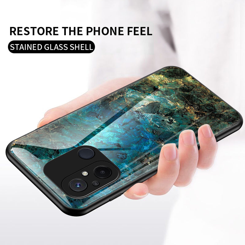 For Xiaomi Redmi 12C 4G Tempered Glass Phone Case Marble Pattern Design PC +TPU Protective Cover