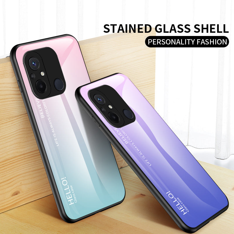 For Xiaomi Redmi 12C 4G Gradient Color Phone Case Tempered Glass+PC+TPU Cover