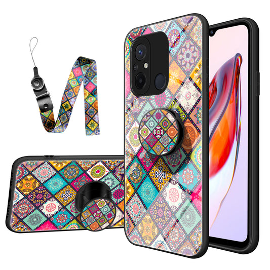 For Xiaomi Redmi 12C 4G Anti-Scratch Tempered Glass Back Cover Flower Pattern PC+TPU Kickstand Phone Case with Lanyard