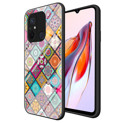 For Xiaomi Redmi 12C 4G Anti-Scratch Tempered Glass Back Cover Flower Pattern PC+TPU Kickstand Phone Case with Lanyard