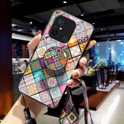 For Xiaomi Redmi 12C 4G Anti-Scratch Tempered Glass Back Cover Flower Pattern PC+TPU Kickstand Phone Case with Lanyard