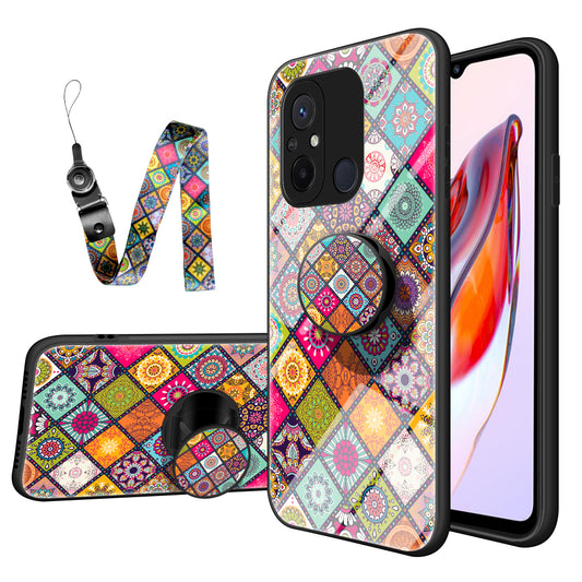 For Xiaomi Redmi 12C 4G Anti-Scratch Tempered Glass Back Cover Flower Pattern PC+TPU Kickstand Phone Case with Lanyard