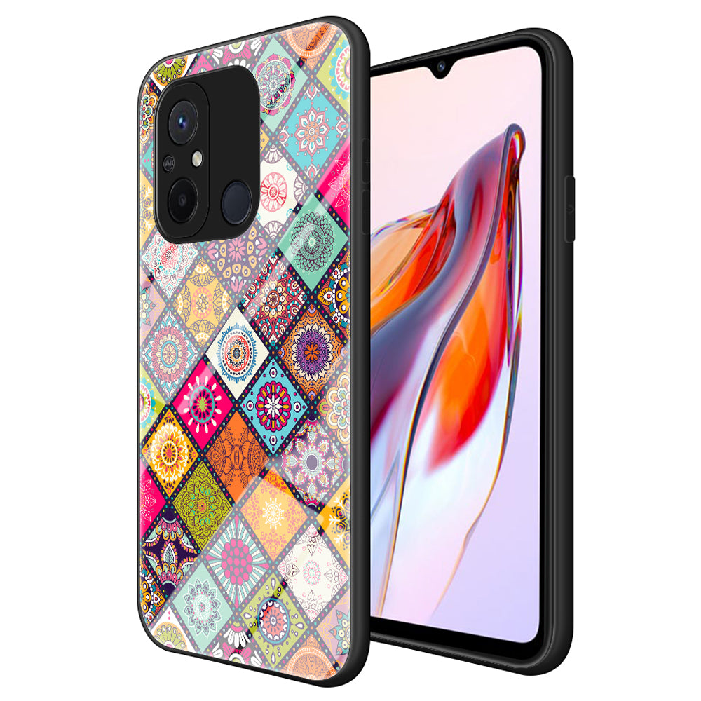 For Xiaomi Redmi 12C 4G Anti-Scratch Tempered Glass Back Cover Flower Pattern PC+TPU Kickstand Phone Case with Lanyard