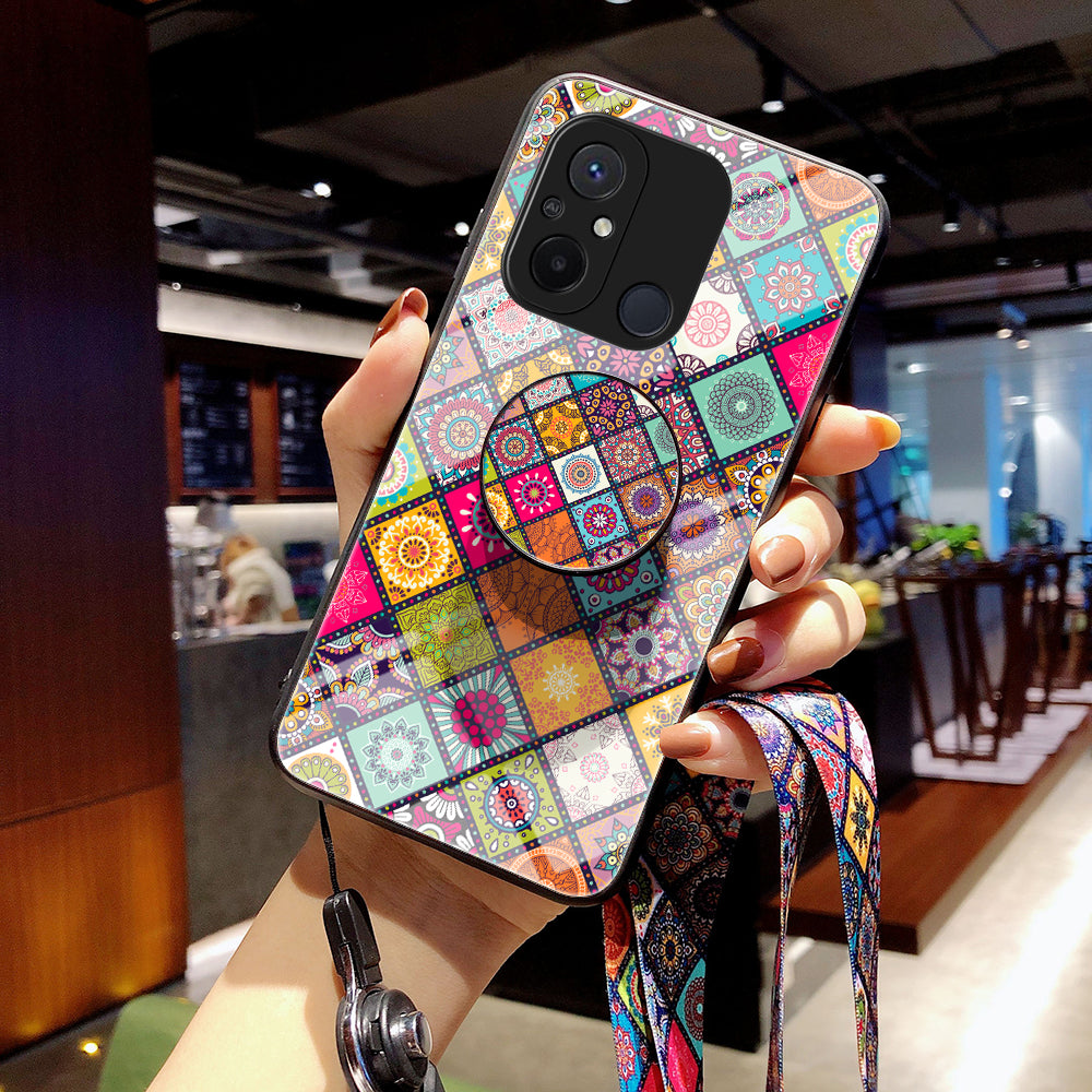 For Xiaomi Redmi 12C 4G Anti-Scratch Tempered Glass Back Cover Flower Pattern PC+TPU Kickstand Phone Case with Lanyard