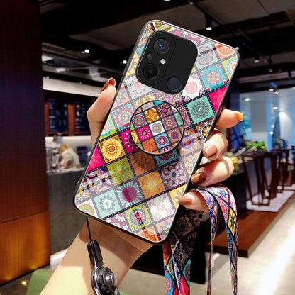 For Xiaomi Redmi 12C 4G Anti-Scratch Tempered Glass Back Cover Flower Pattern PC+TPU Kickstand Phone Case with Lanyard