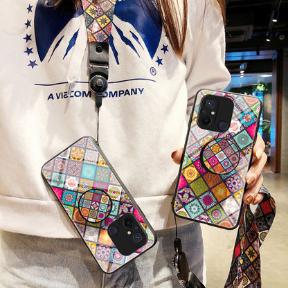 For Xiaomi Redmi 12C 4G Anti-Scratch Tempered Glass Back Cover Flower Pattern PC+TPU Kickstand Phone Case with Lanyard