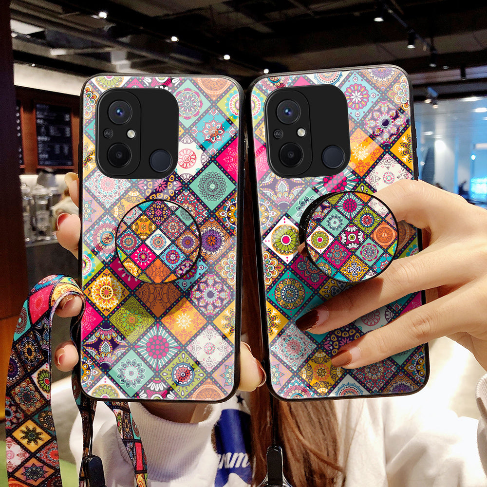 For Xiaomi Redmi 12C 4G Anti-Scratch Tempered Glass Back Cover Flower Pattern PC+TPU Kickstand Phone Case with Lanyard