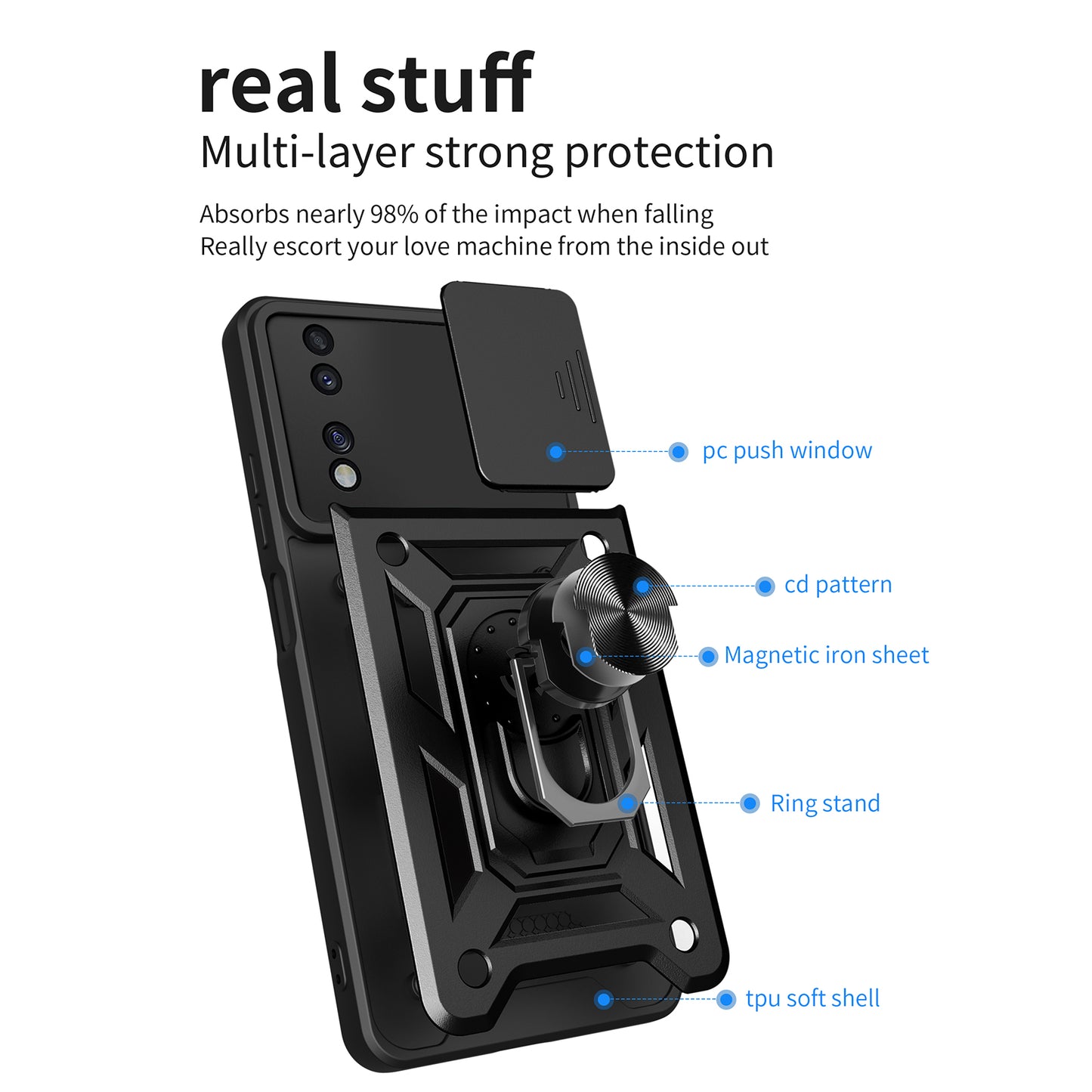 For Honor 70 5G Phone Kickstand Case Slide Camera Lens Protection PC+TPU Cover